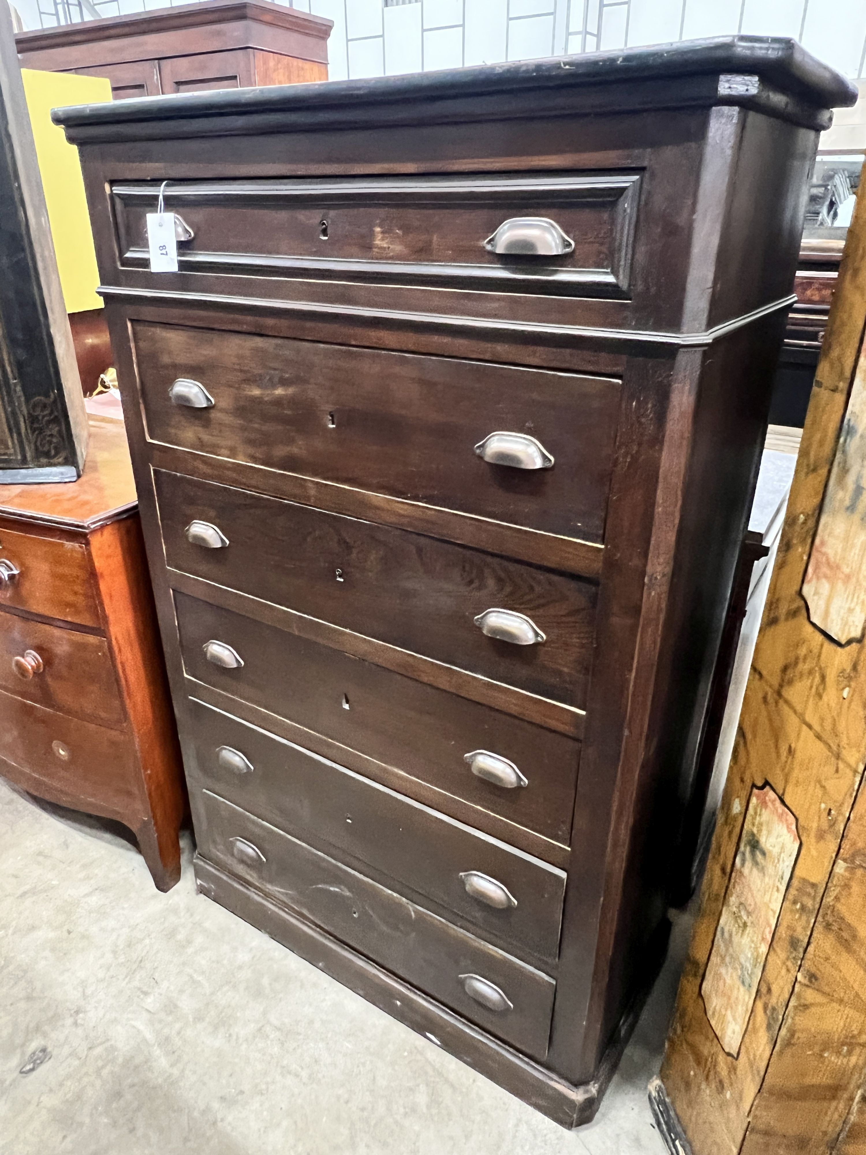 An early 20th century French walnut six drawer tall chest, width 94cm, depth 40cm, height 147cm